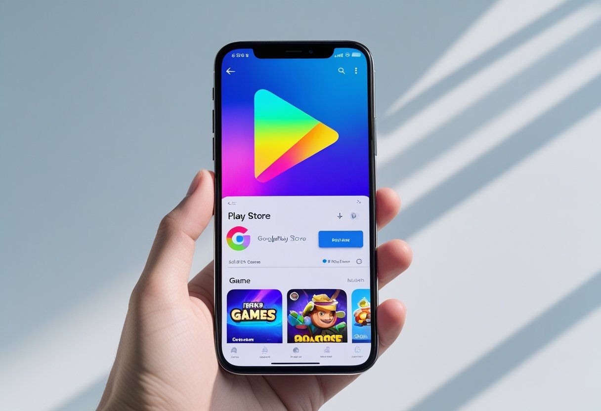 Pessoa segurando um smartphone com a tela do Google Play Store aberta mostrando um jogo em destaque.