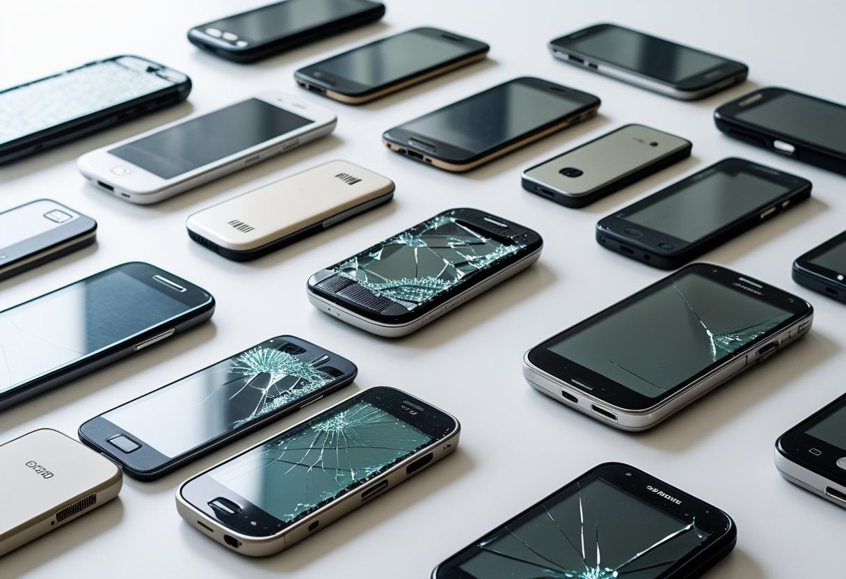 Vários celulares antigos e danificados espalhados sobre uma superfície branca.