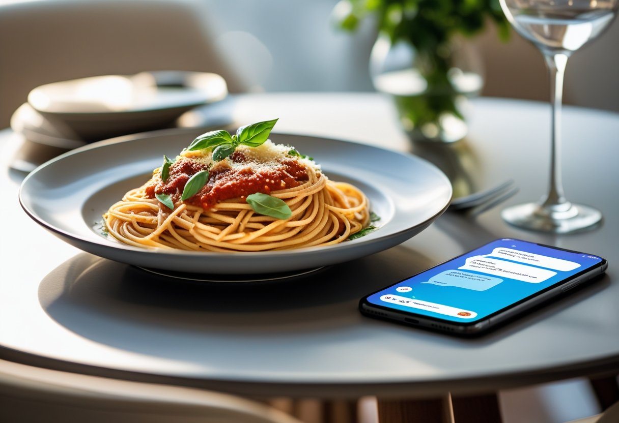 Mesa de jantar moderna com um prato de massa fresca e um smartphone ao lado mostrando uma tela de chat borrada.
