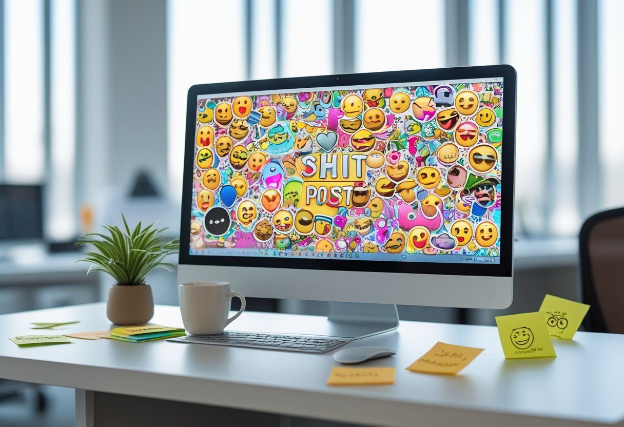 Mesa de escritório com computador mostrando uma colagem colorida de memes e emojis, com uma planta e uma xícara de café ao lado.