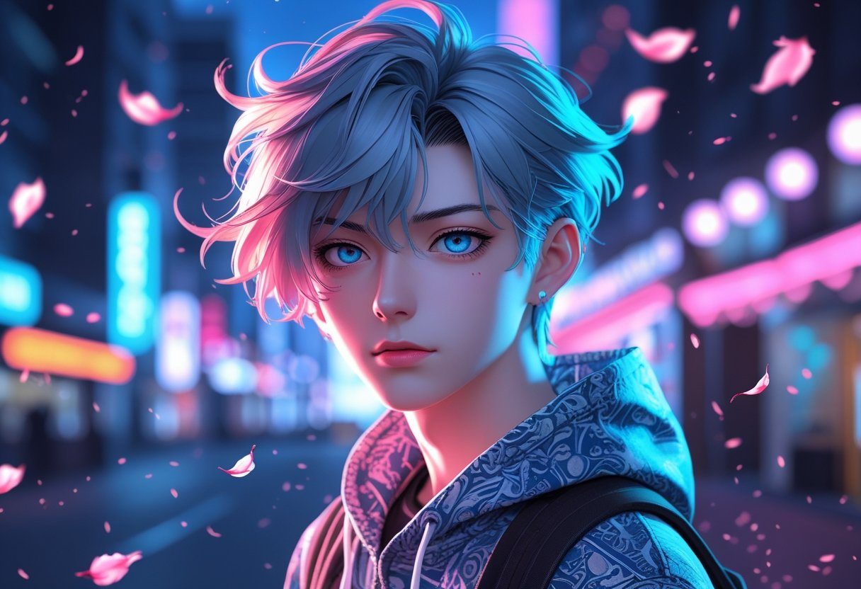 Pessoa jovem em ambiente urbano com luzes neon e pétalas de flores ao redor.