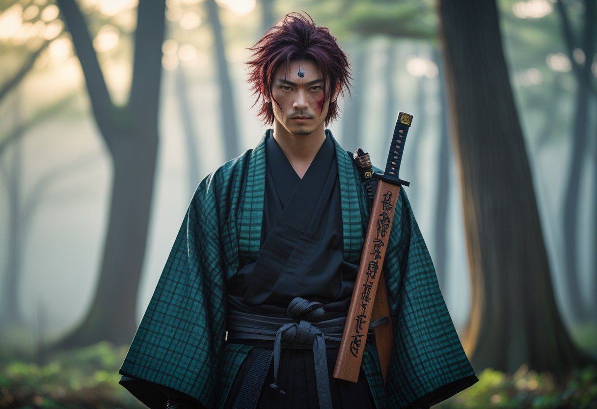 Um jovem guerreiro japonês de pé em uma floresta enevoada, vestindo uma roupa tradicional com padrão quadriculado verde e preto, olhando com expressão determinada.