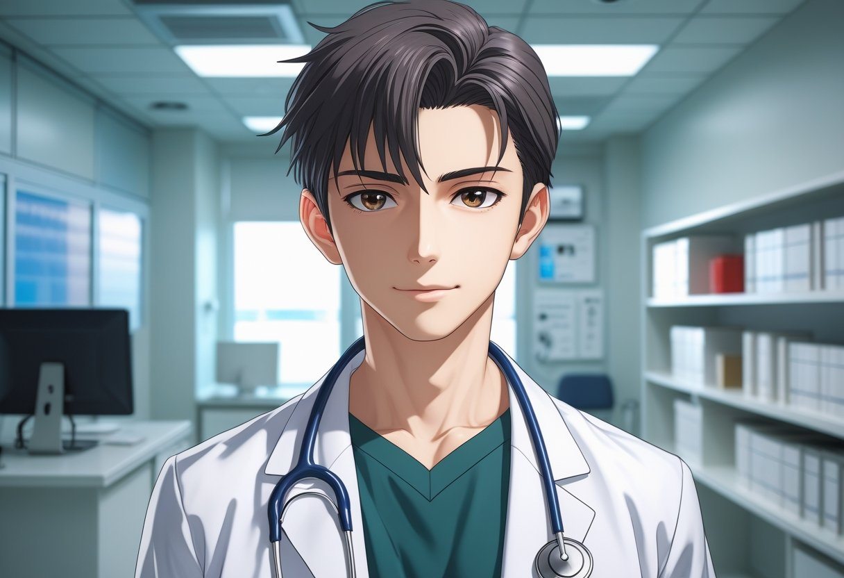 Médico jovem em um consultório médico moderno, vestindo jaleco branco e estetoscópio, com expressão confiante e ambiente limpo ao fundo.