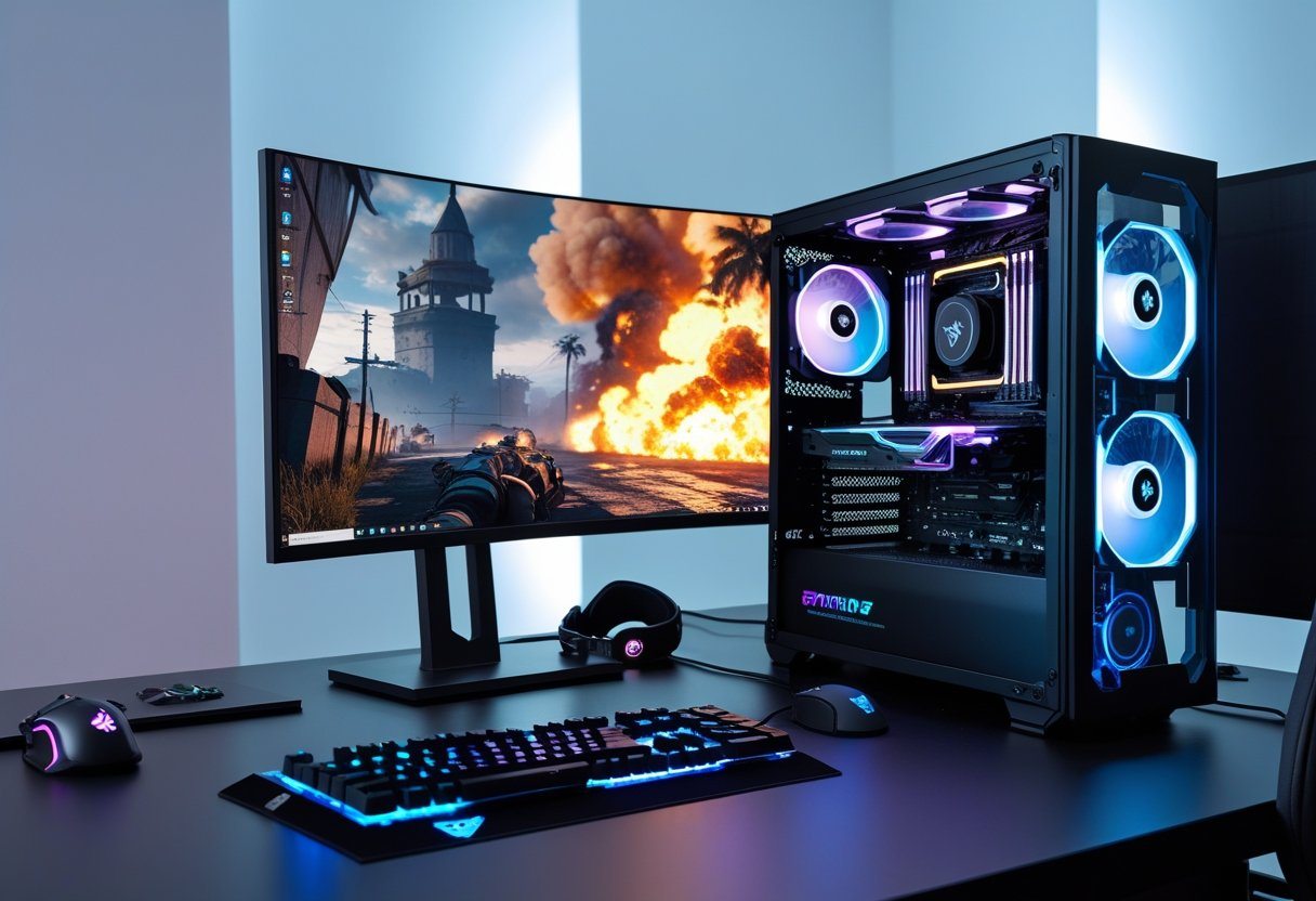 Setup de jogos moderno com computador potente, monitor grande exibindo jogo com gráficos intensos e acessórios de jogo em uma sala limpa.