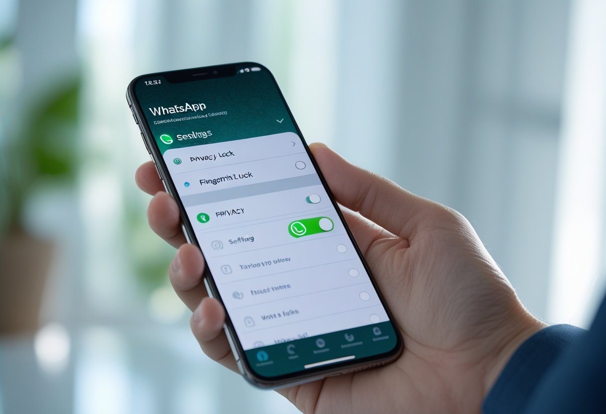 Pessoa segurando um smartphone mostrando o aplicativo WhatsApp aberto na tela, com o menu de configurações de privacidade visível.