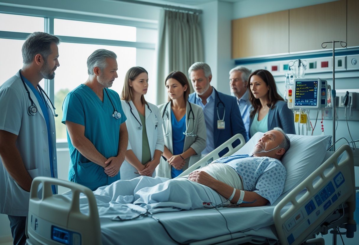 Cena em um quarto de hospital com um homem na cama cercado por familiares e um médico preocupado.