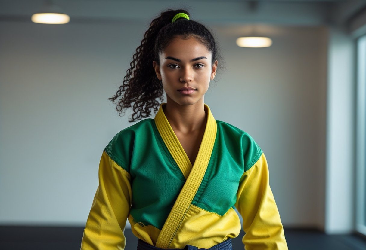 Mulher brasileira atlética em roupa de artes marciais, em pose de luta dentro de uma academia moderna.