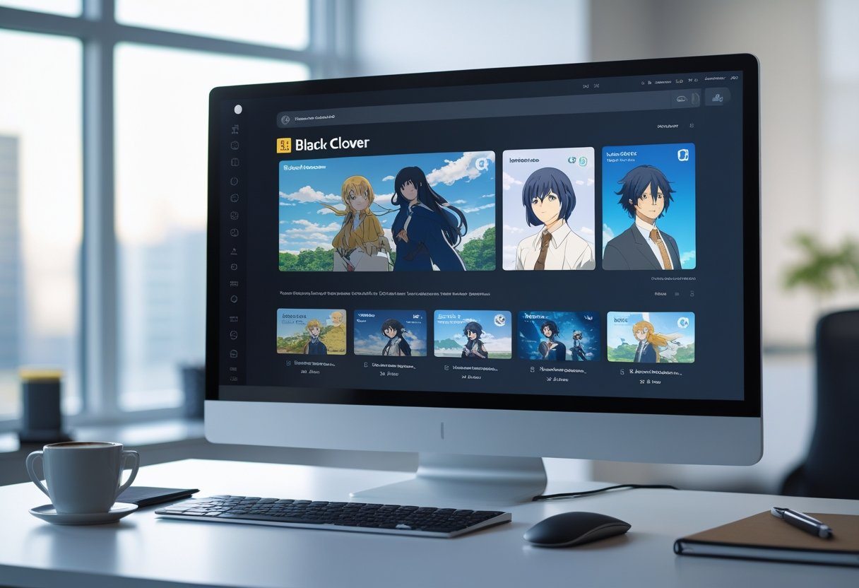 Mesa de trabalho moderna com computador mostrando uma plataforma de streaming com episódios do anime Black Clover destacados.