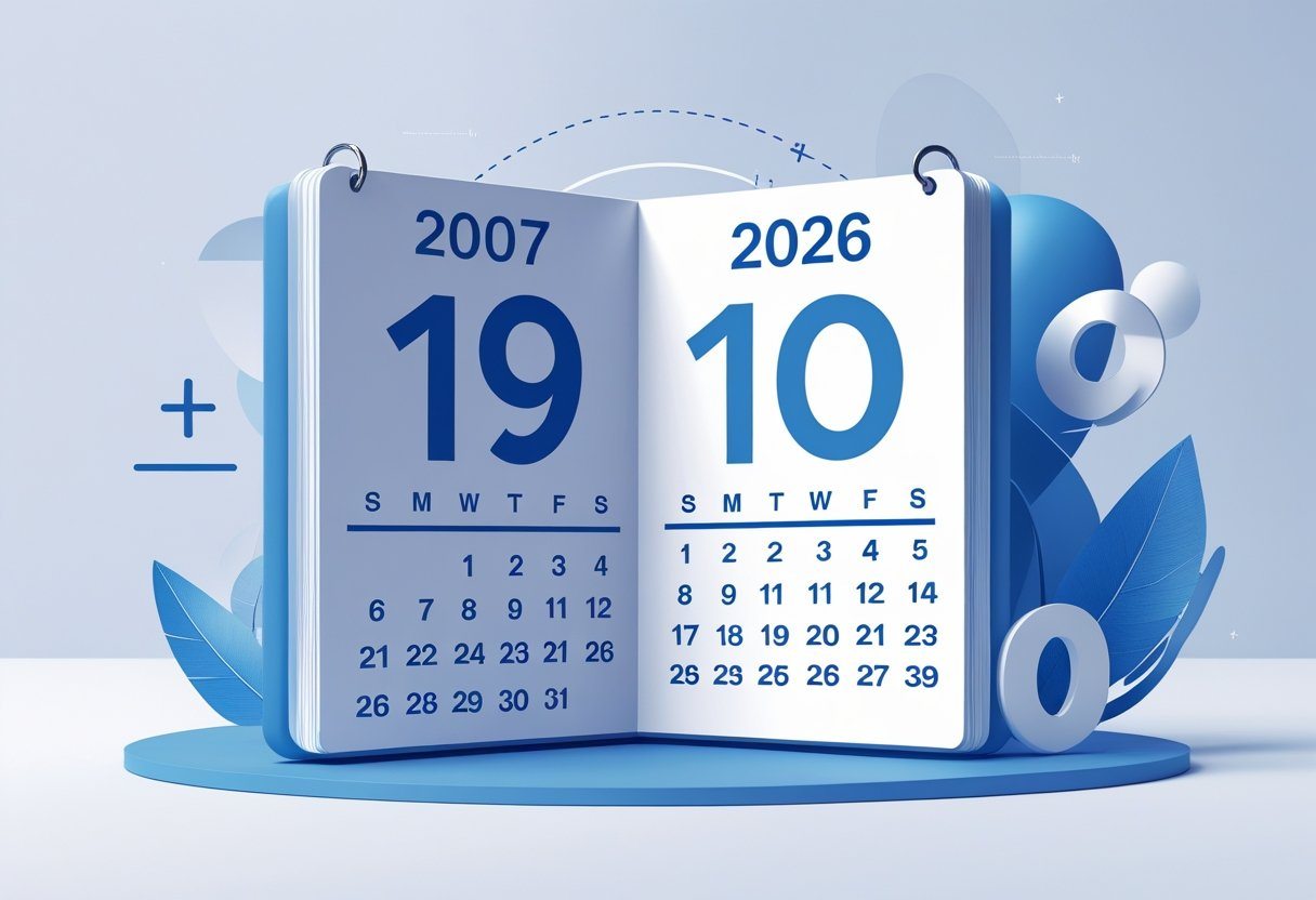 Duas páginas de calendário mostrando os anos 2007 e 2026 com o número 19 entre elas, representando a idade entre esses