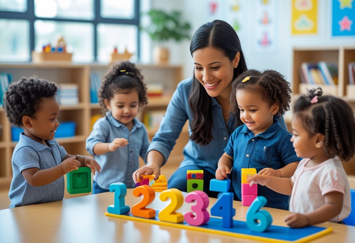 Crianças pequenas brincando e aprendendo em uma sala de aula com uma professora sorridente.