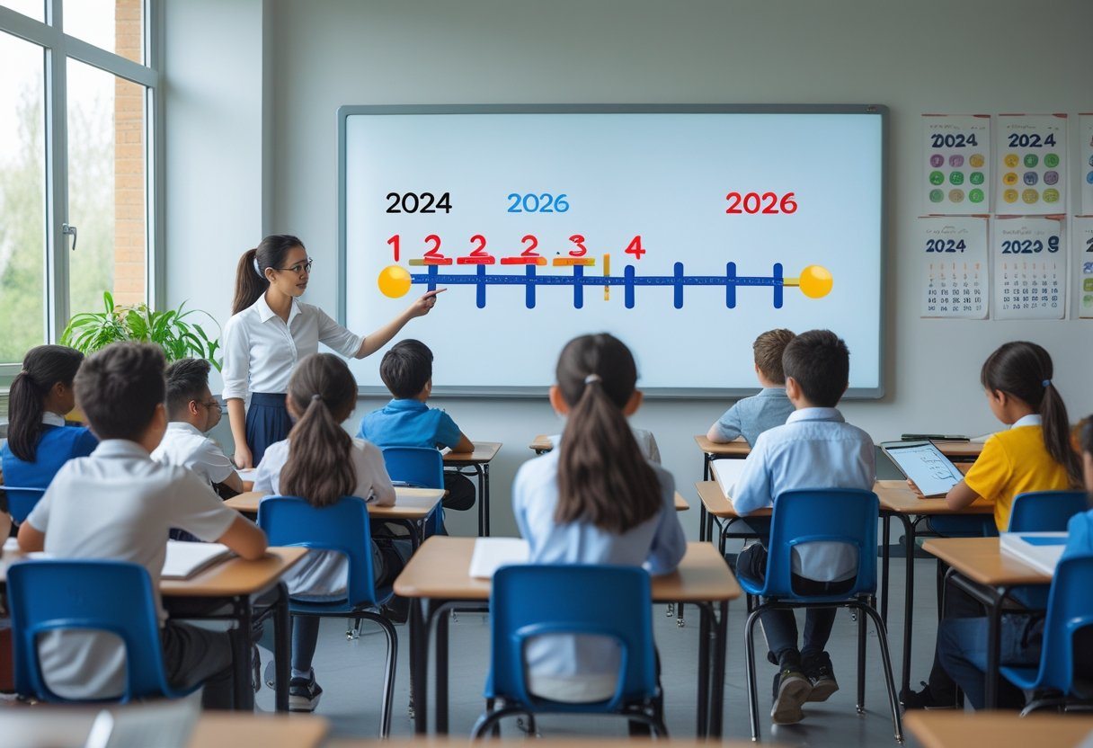 Sala de aula com professora apontando para um quadro digital mostrando uma linha do tempo dos anos 2024 e 2026, enquanto alunos assistem atentos.