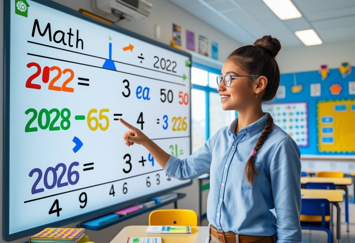 Professor explicando uma equação de matemática em uma sala de aula moderna e iluminada.