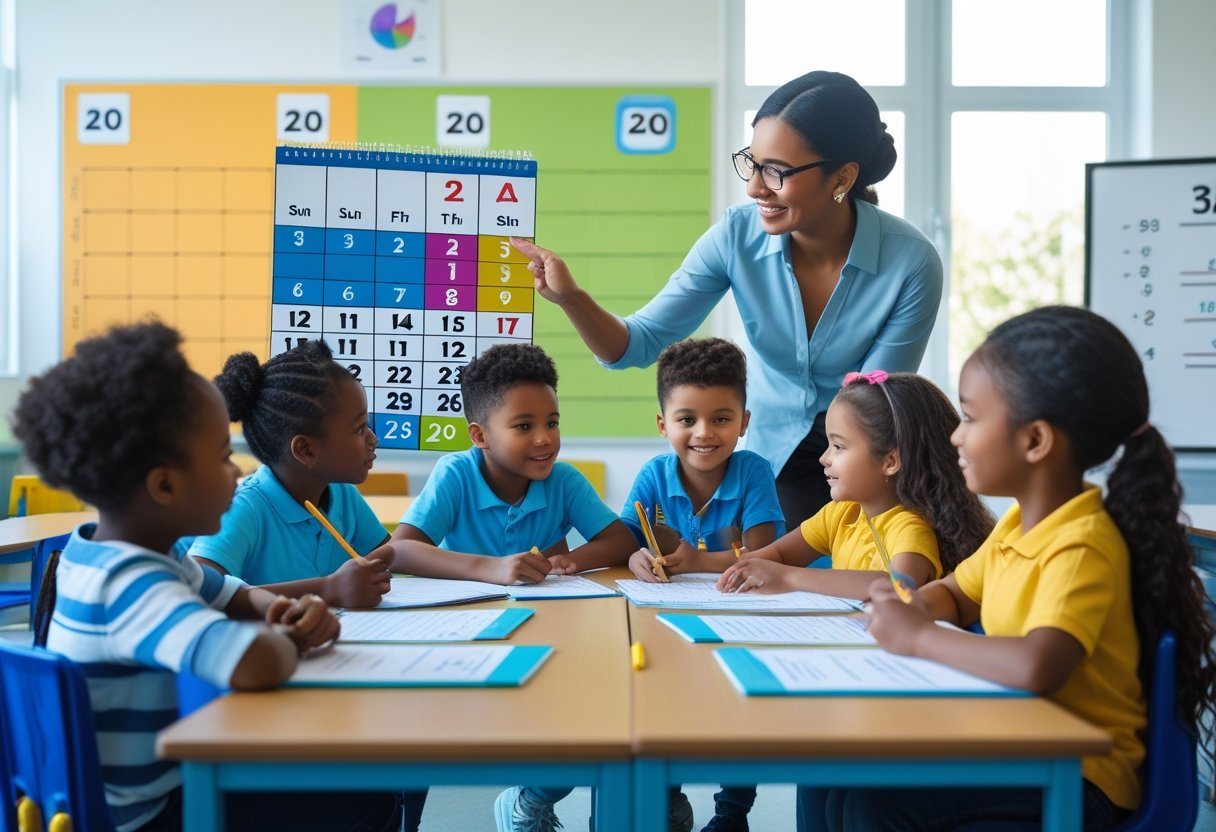 Crianças em sala de aula com professora mostrando um calendário, aprendendo sobre cálculo de idade.
