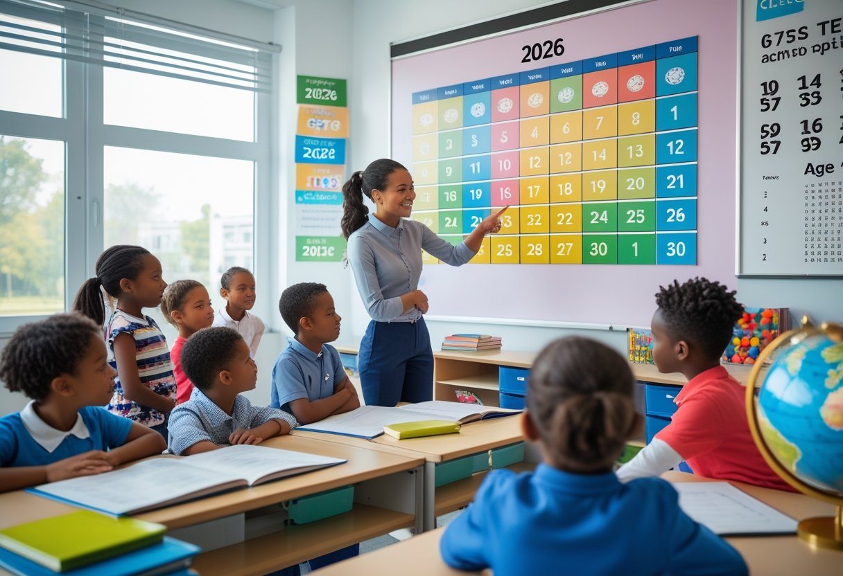 Crianças em uma sala de aula com uma professora apontando para um calendário, aprendendo sobre idade e anos.