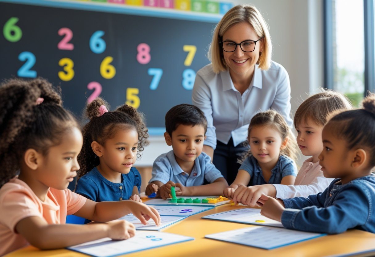Crianças em uma sala de aula com professora, aprendendo juntas em um ambiente iluminado.