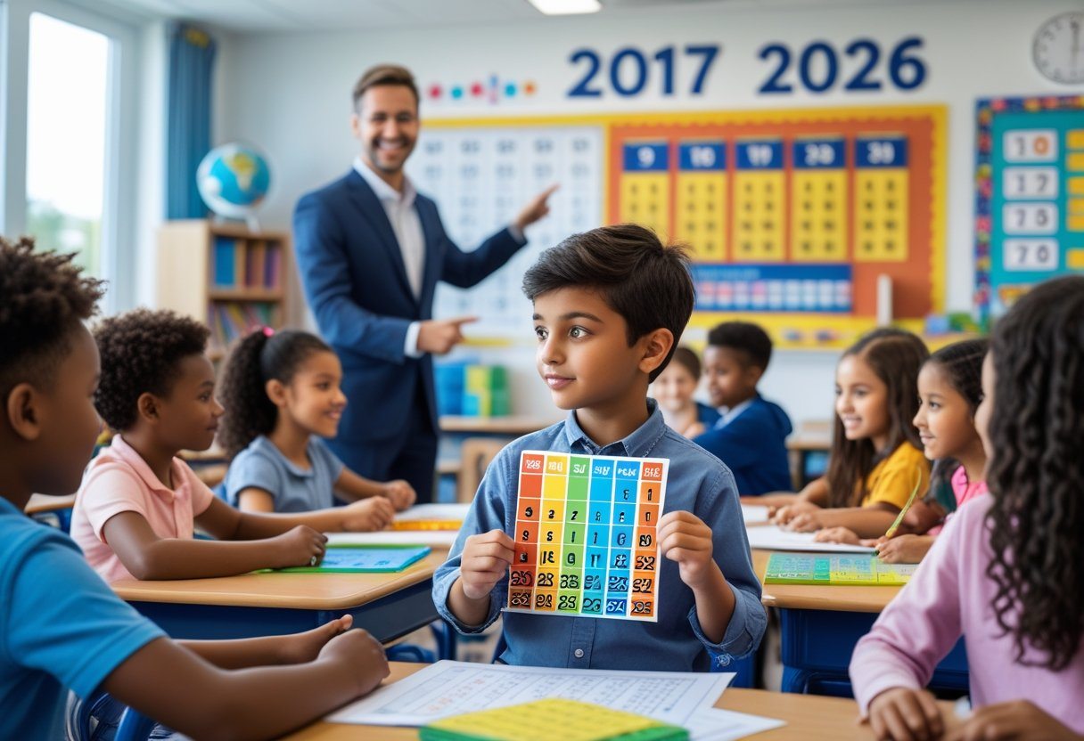 Crianças em uma sala de aula com uma professora apontando para um calendário na parede, enquanto um menino segura um gráfico de números, todos atentos e envolvidos na aula.