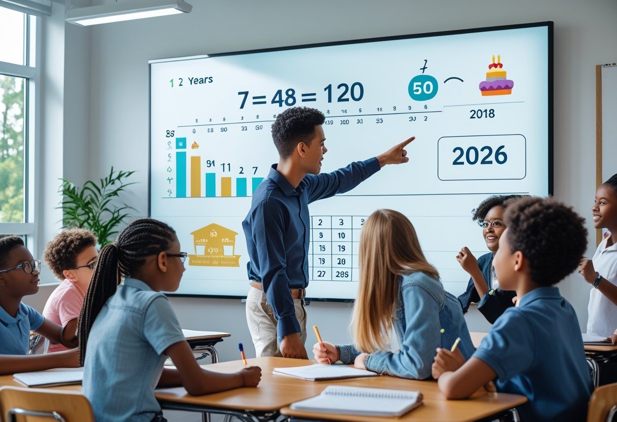 Sala de aula com professor e alunos aprendendo matemática, focados em um quadro digital com ilustrações relacionadas a cálculo de idade.