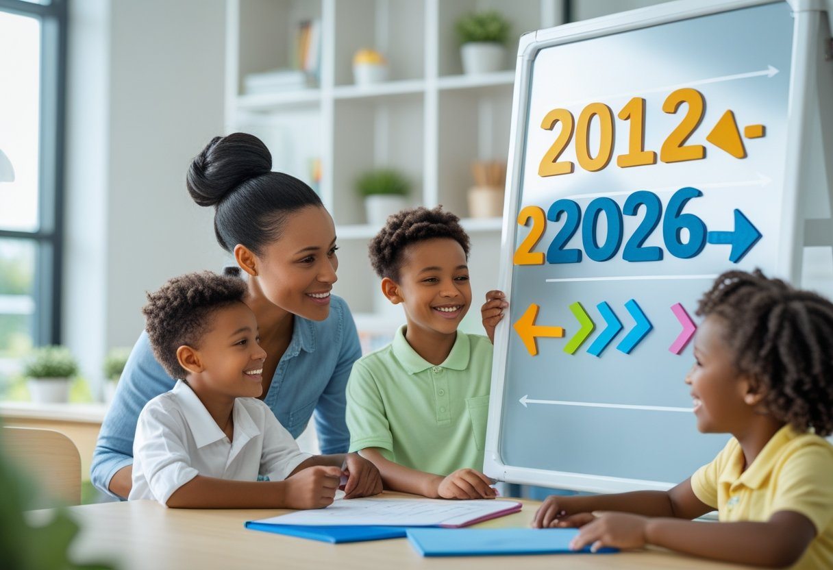 Um adulto ensinando uma criança a calcular a idade entre os anos de 2016 e 2026 usando um quadro em um ambiente claro e acolhedor.