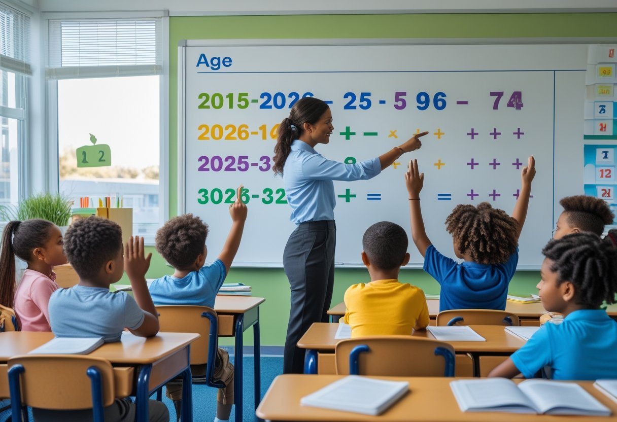 Sala de aula com crianças e professora aprendendo matemática sobre cálculo de idade.