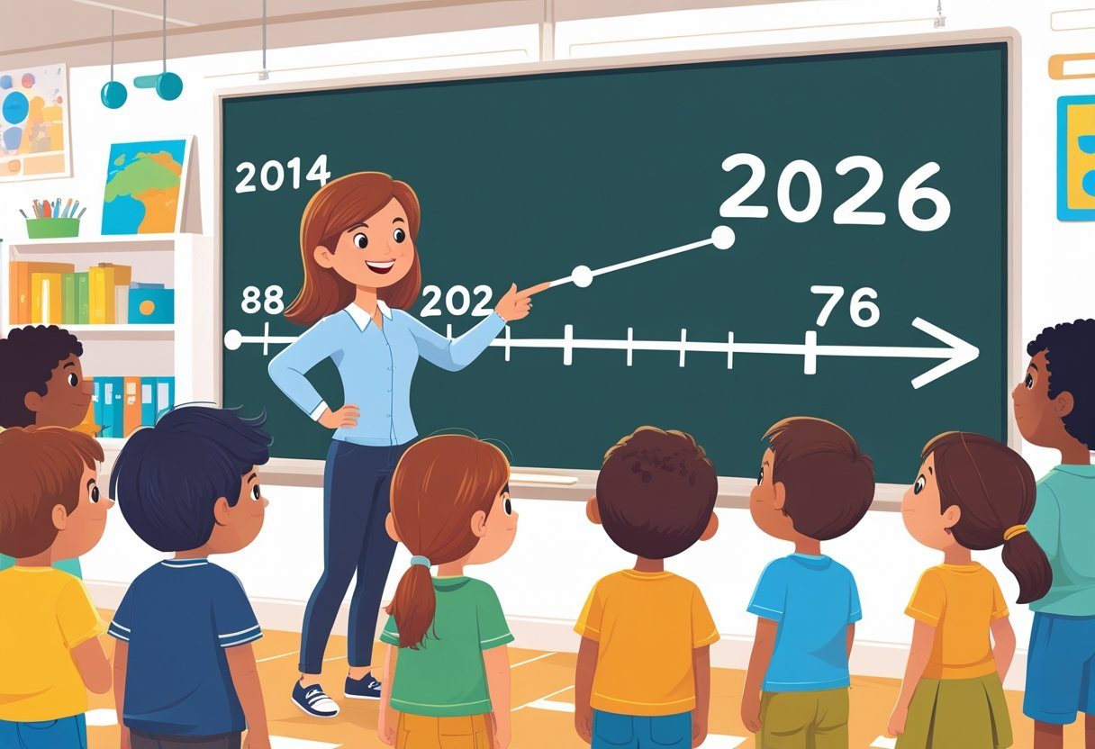 Um professor aponta para um quadro com os anos 2014 e 2026, enquanto crianças observam atentamente em uma sala de aula.