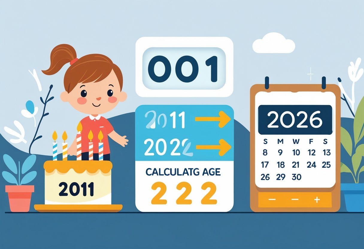 Ilustração mostrando uma criança nascida em 2011 e um calendário marcando o ano de 2026, com elementos que indicam o cálculo da idade.