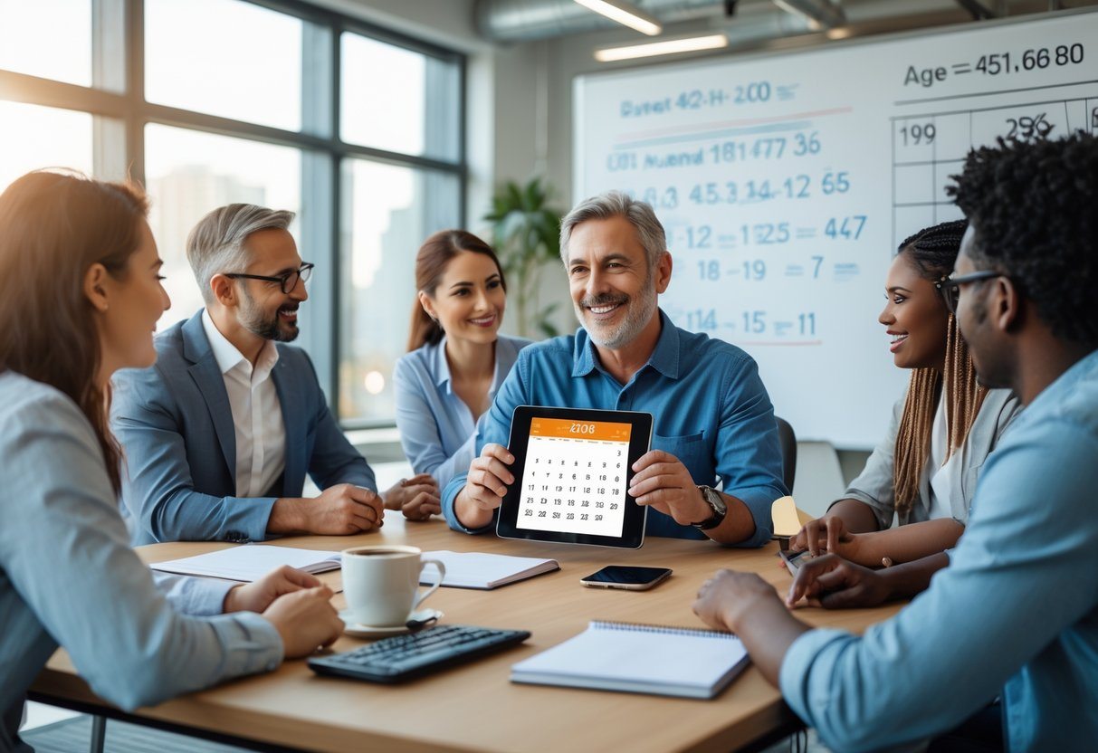 Pessoas em um escritório discutindo ao redor de uma mesa com um tablet mostrando um calendário, em um ambiente iluminado e colaborativo.