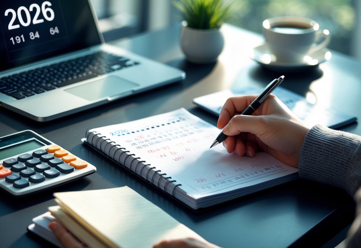 Mesa de trabalho com calculadora, caderno aberto com anotações, calendário mostrando o ano 2026, mão segurando uma caneta e laptop ao fundo.