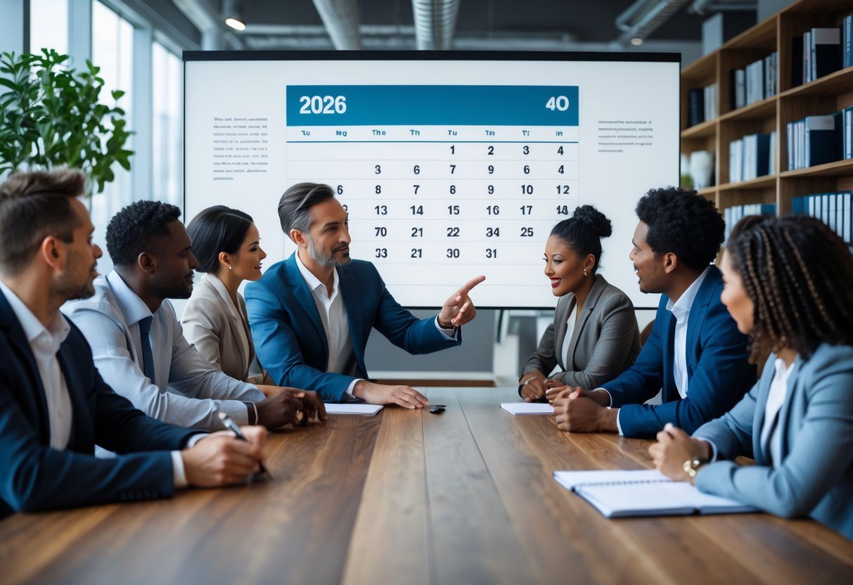 Grupo de pessoas em um escritório moderno discutindo em torno de uma mesa, com um homem apontando para uma tela digital mostrando o ano de 2026.
