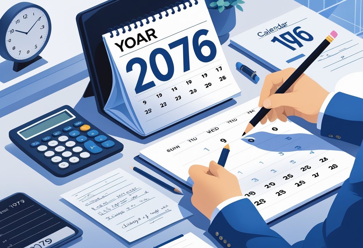 Mesa de escritório com calendário de 2026, documento com data de nascimento 1979, calculadora e mãos realizando cálculos para determinar a idade.