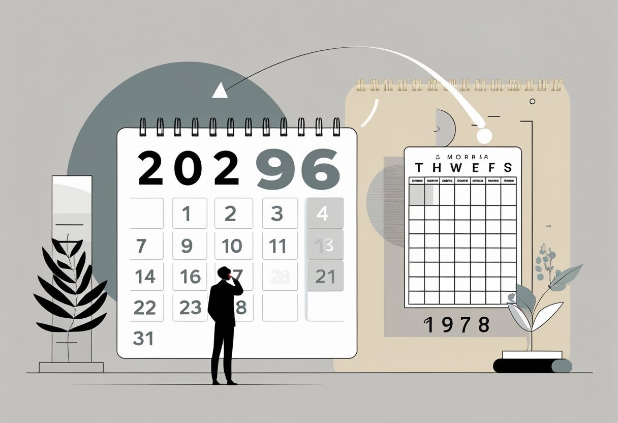 Ilustração mostrando um calendário com o ano 2026 e um destaque no ano 1978, com uma pessoa refletindo sobre a passagem do tempo entre esses anos.