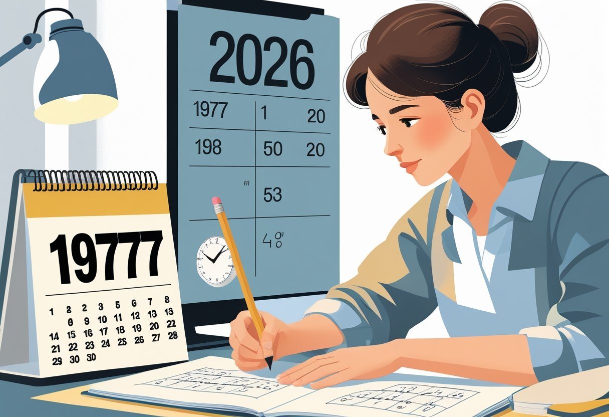 Pessoa pensando e calculando a idade entre os anos 1977 e 2026, com calendários e anotações em um ambiente de estudo.