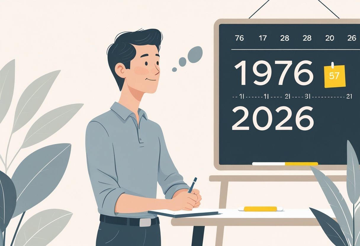 Pessoa pensativa refletindo sobre a passagem do tempo, com um calendário ao fundo mostrando os anos 1976 e 2026.