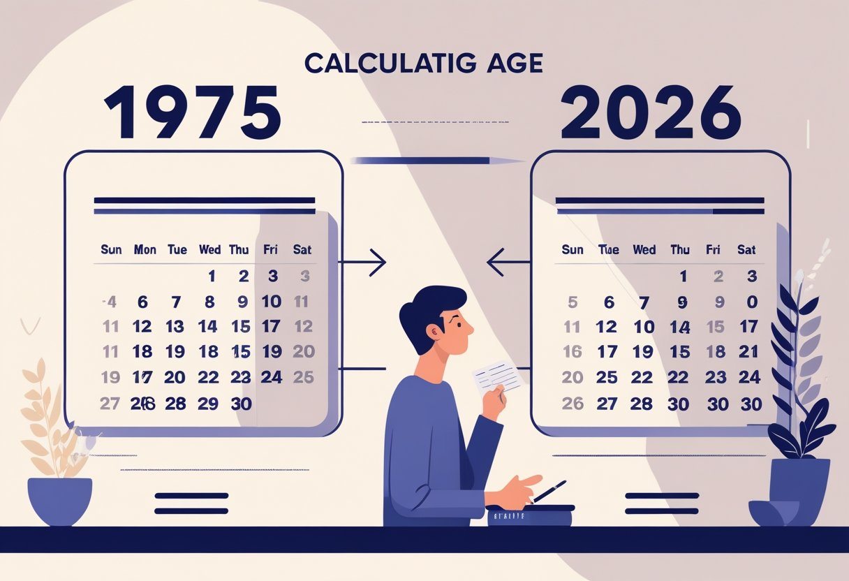 Pessoa pensando em calcular a idade entre os anos 1975 e 2026, com calendários mostrando esses anos e símbolos de cálculo entre eles.