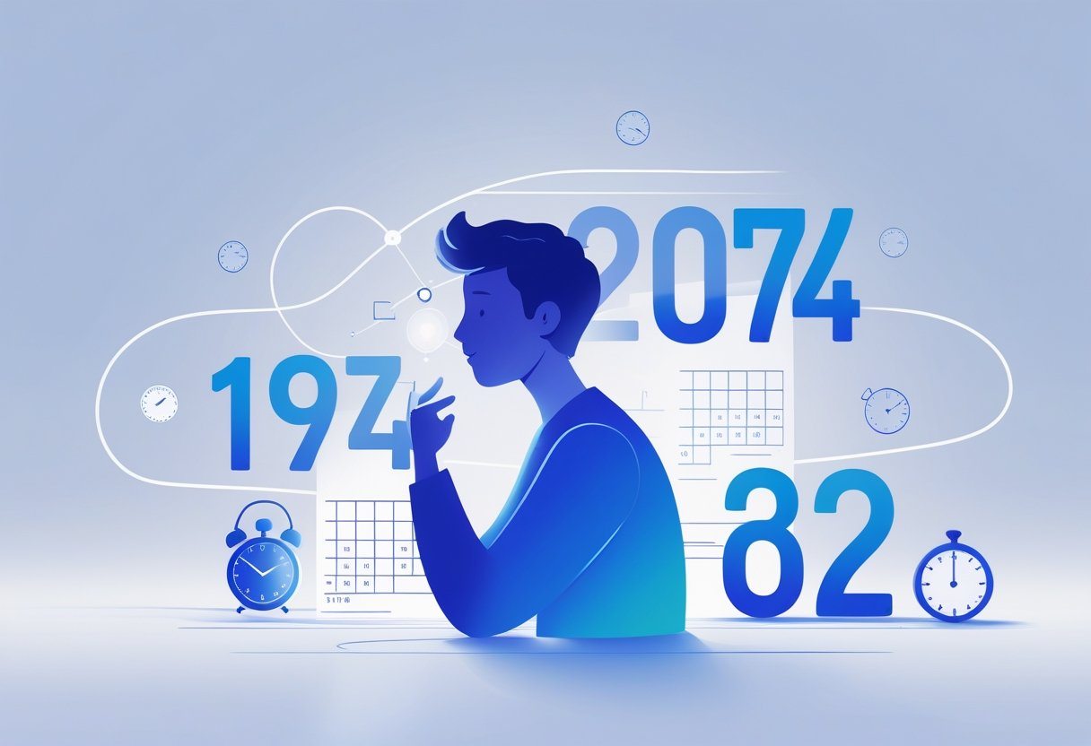 Pessoa pensativa cercada por números e elementos que representam passagem do tempo, como relógios e calendários.