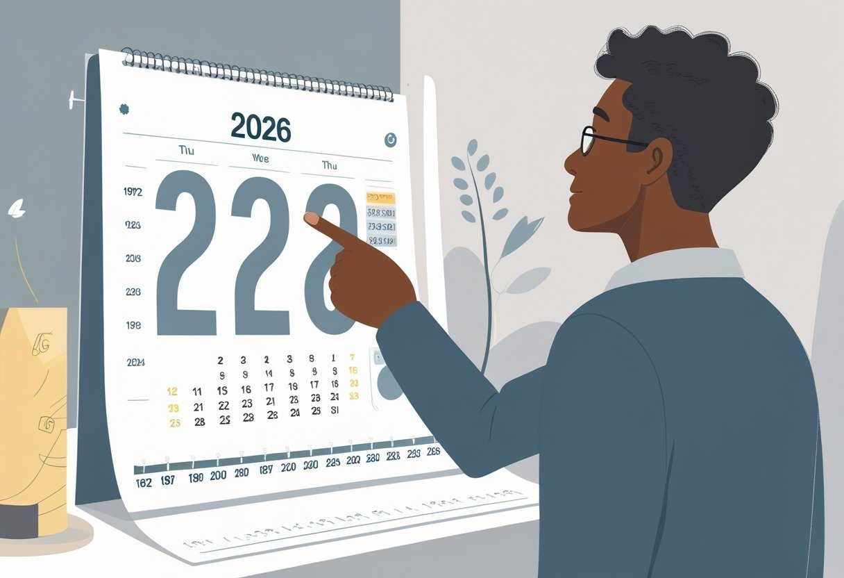 Pessoa adulta olhando para um calendário do ano 2026 com uma linha do tempo mostrando os anos de 1972 a 2026.