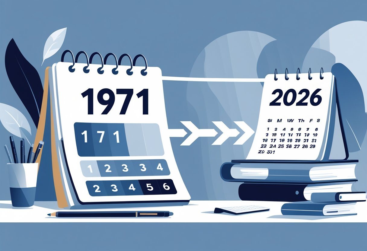 Ilustração mostrando calendários de 1971 e 2026 conectados por uma linha do tempo, simbolizando o cálculo da idade.