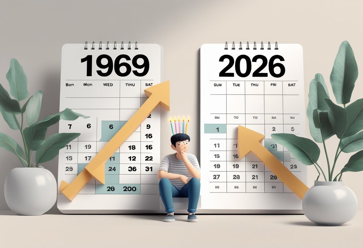 Ilustração mostrando um calendário com os anos 1969 e 2026 conectados por uma linha do tempo, com uma pessoa pensativa no centro representando alguém nascido em 1969.
