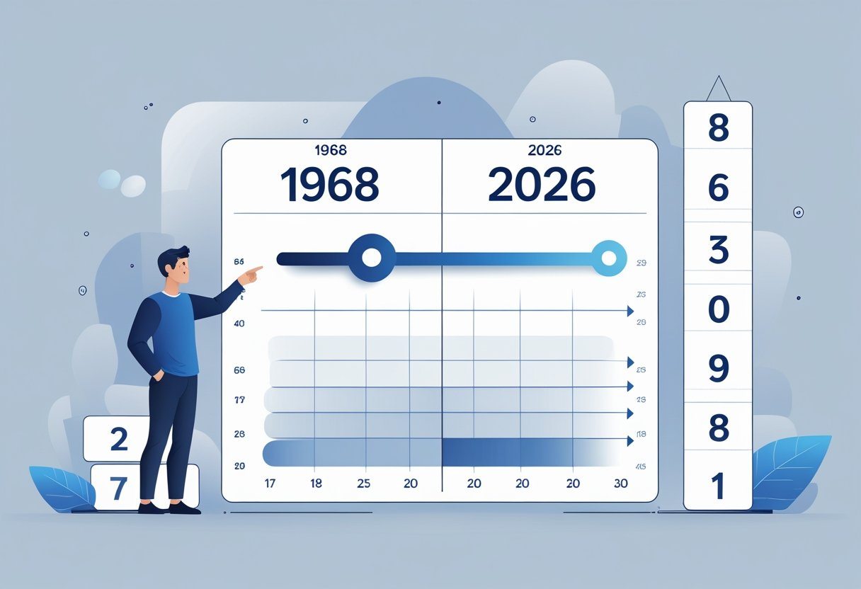 Pessoa adulta olhando para uma linha do tempo que destaca os anos 1968 e 2026, representando o cálculo da idade.