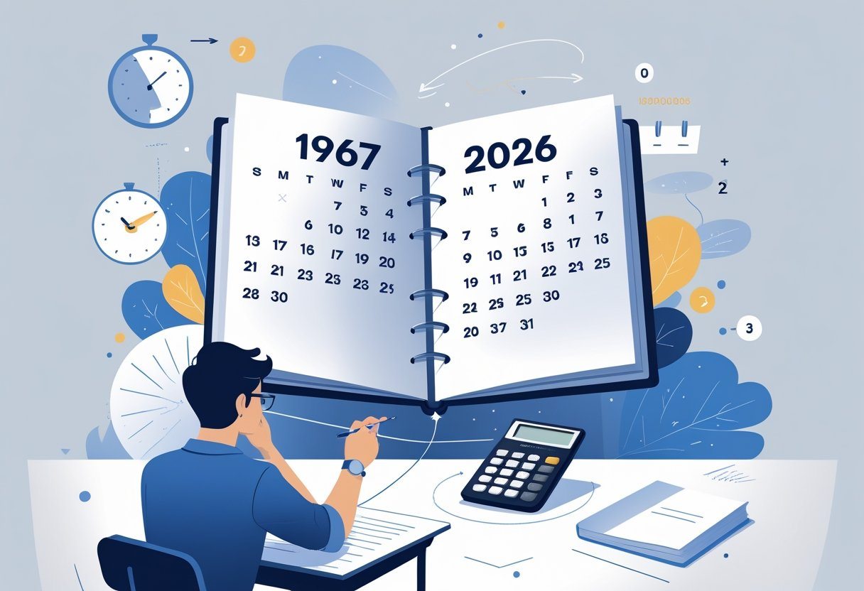 Pessoa calculando a idade entre os anos 1967 e 2026, com calendário, calculadora e caderno sobre a mesa.