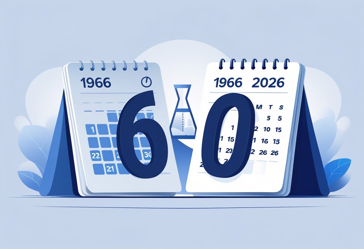 Ilustração mostrando dois calendários, um de 1966 e outro de 2026, com o número 60 destacado entre eles, representando a idade entre esses anos.