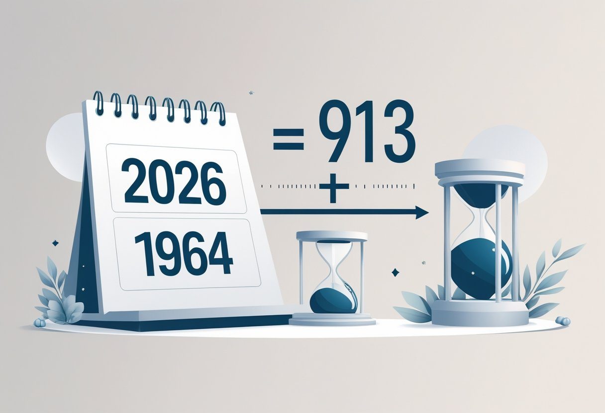 Ilustração mostrando um calendário com o ano 2026, o número 1964 e uma representação visual de cálculo de idade entre eles.