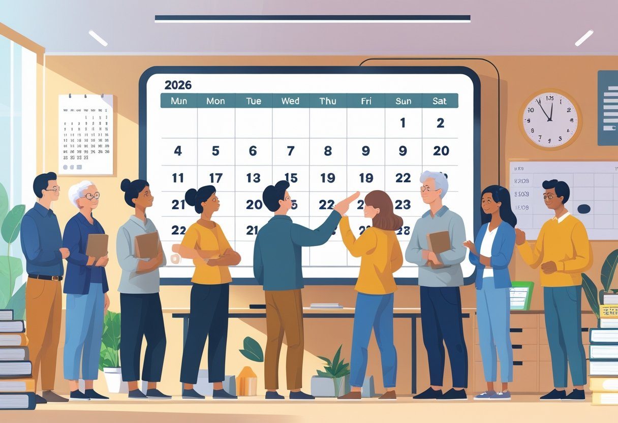 Pessoas reunidas ao redor de um calendário grande mostrando o ano 2026, com uma pessoa apontando para uma linha do tempo que indica o ano 1961.