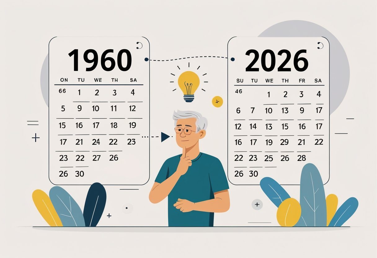 Uma pessoa adulta refletindo sobre a passagem do tempo entre os anos 1960 e 2026, com calendários mostrando essas datas ao fundo.