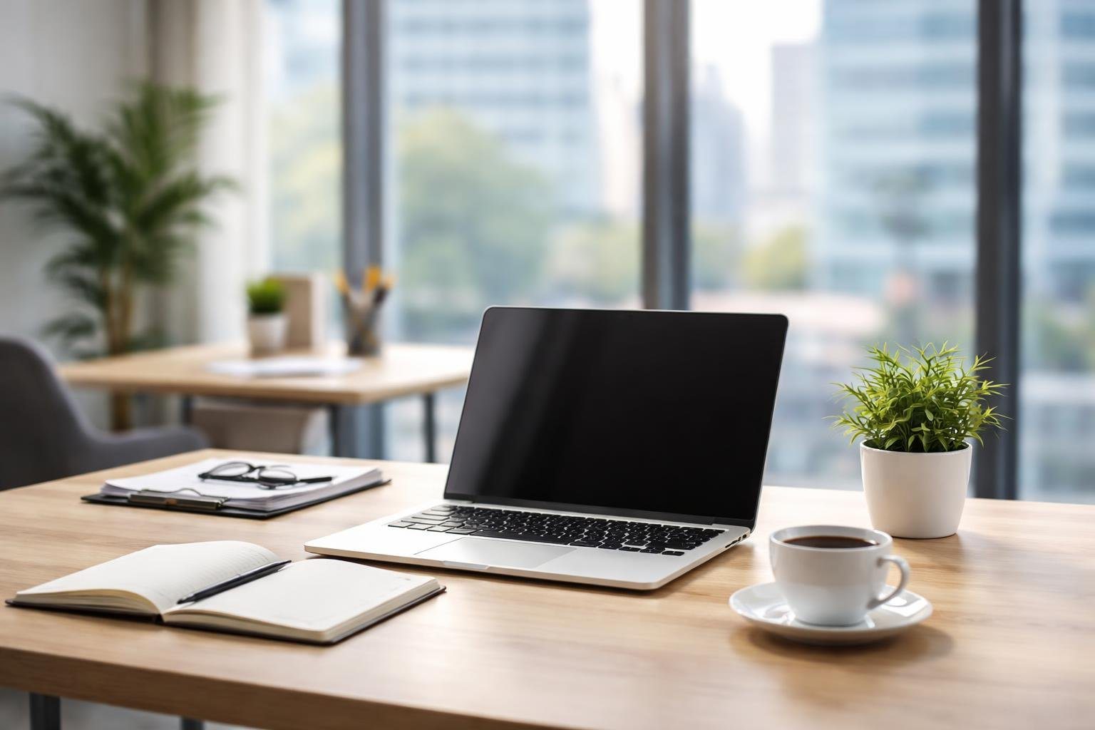 Escritório moderno e bem iluminado com mesa organizada, laptop, caderno, xícara de café e planta pequena, com janelas grandes mostrando a cidade ao fundo.