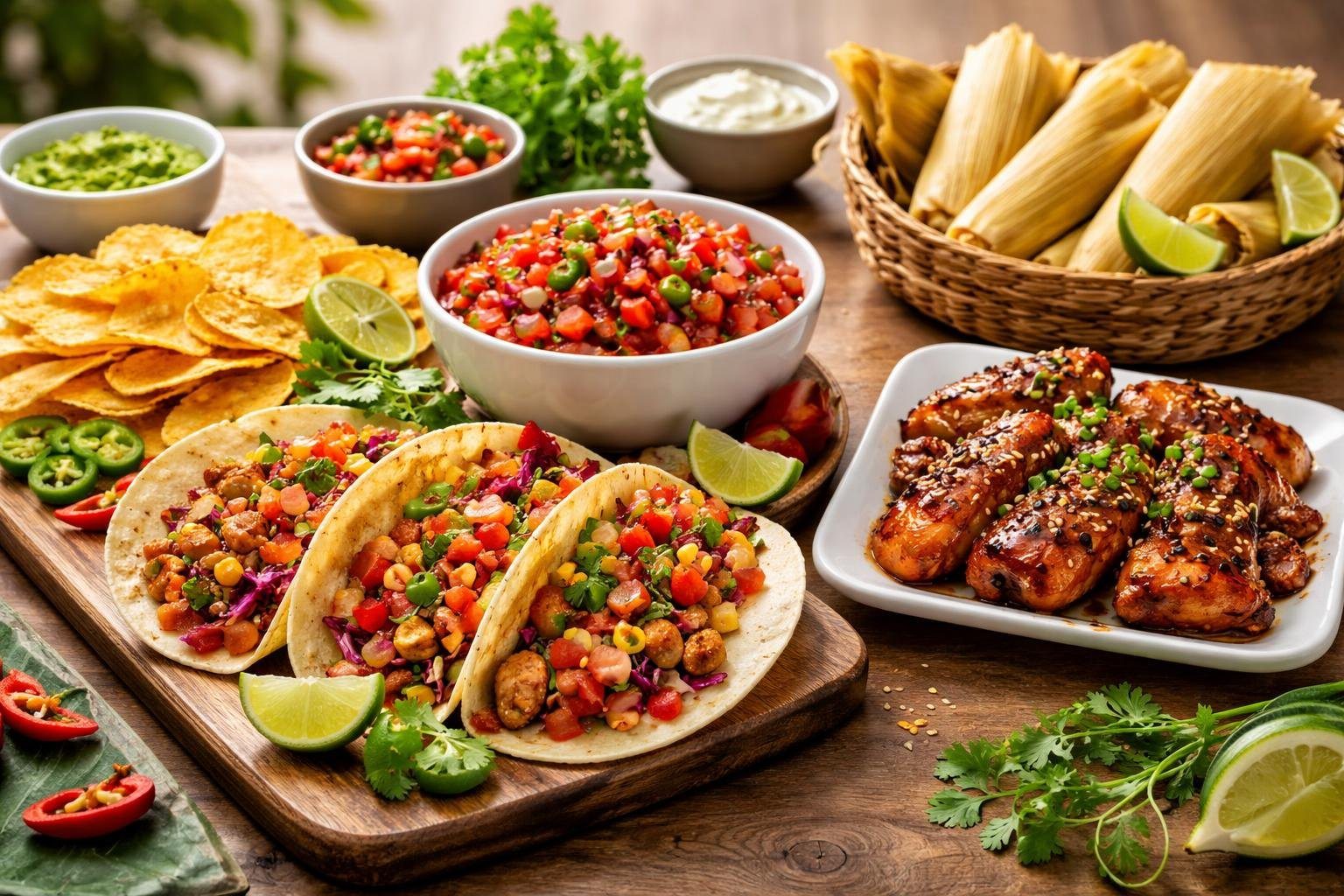 Mesa com pratos variados de comida começando com a letra T, incluindo tacos, salsa de tomate, chips de tortilla, frango teriyaki e tamales.