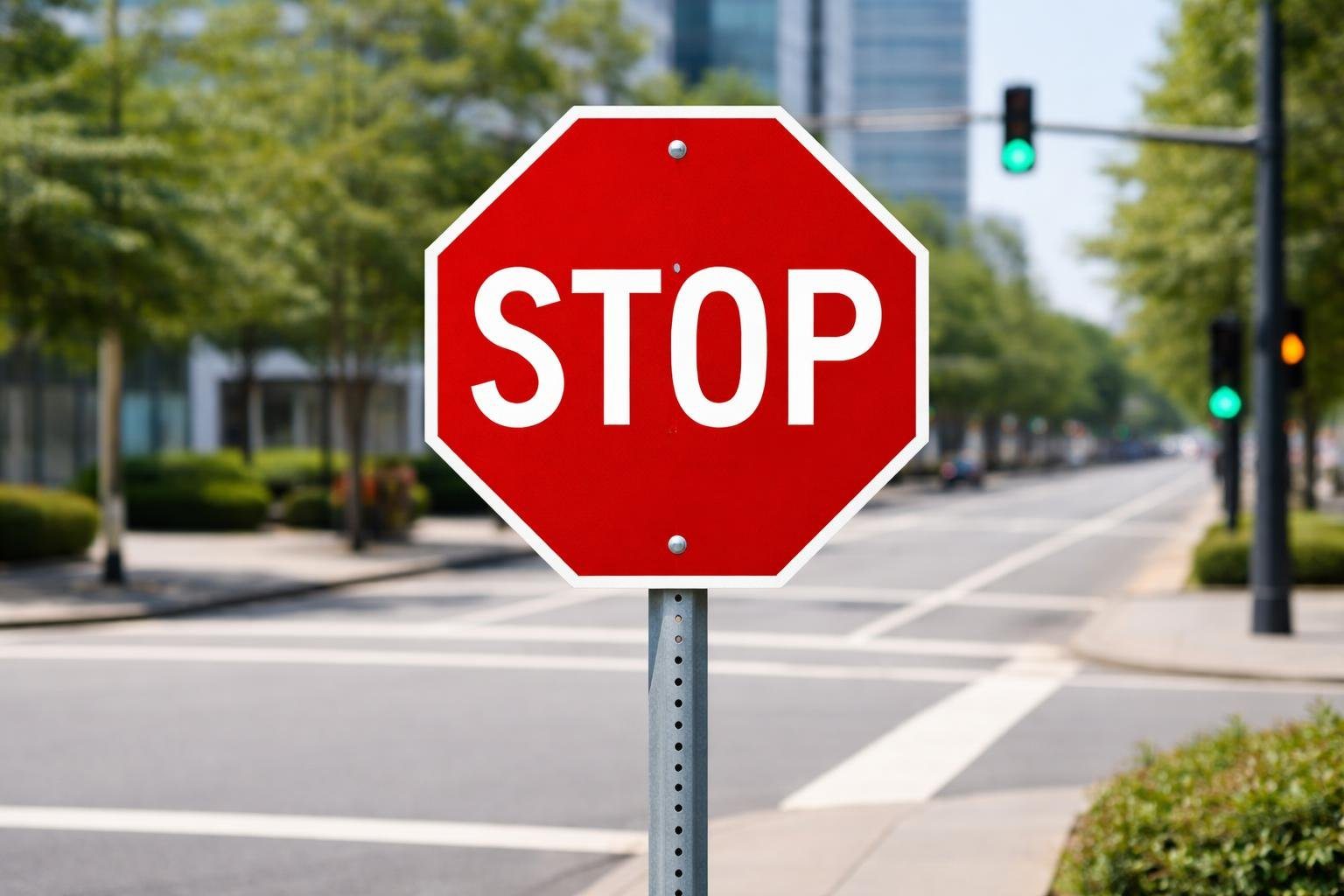 Sinal de pare vermelho em um cruzamento urbano durante o dia.