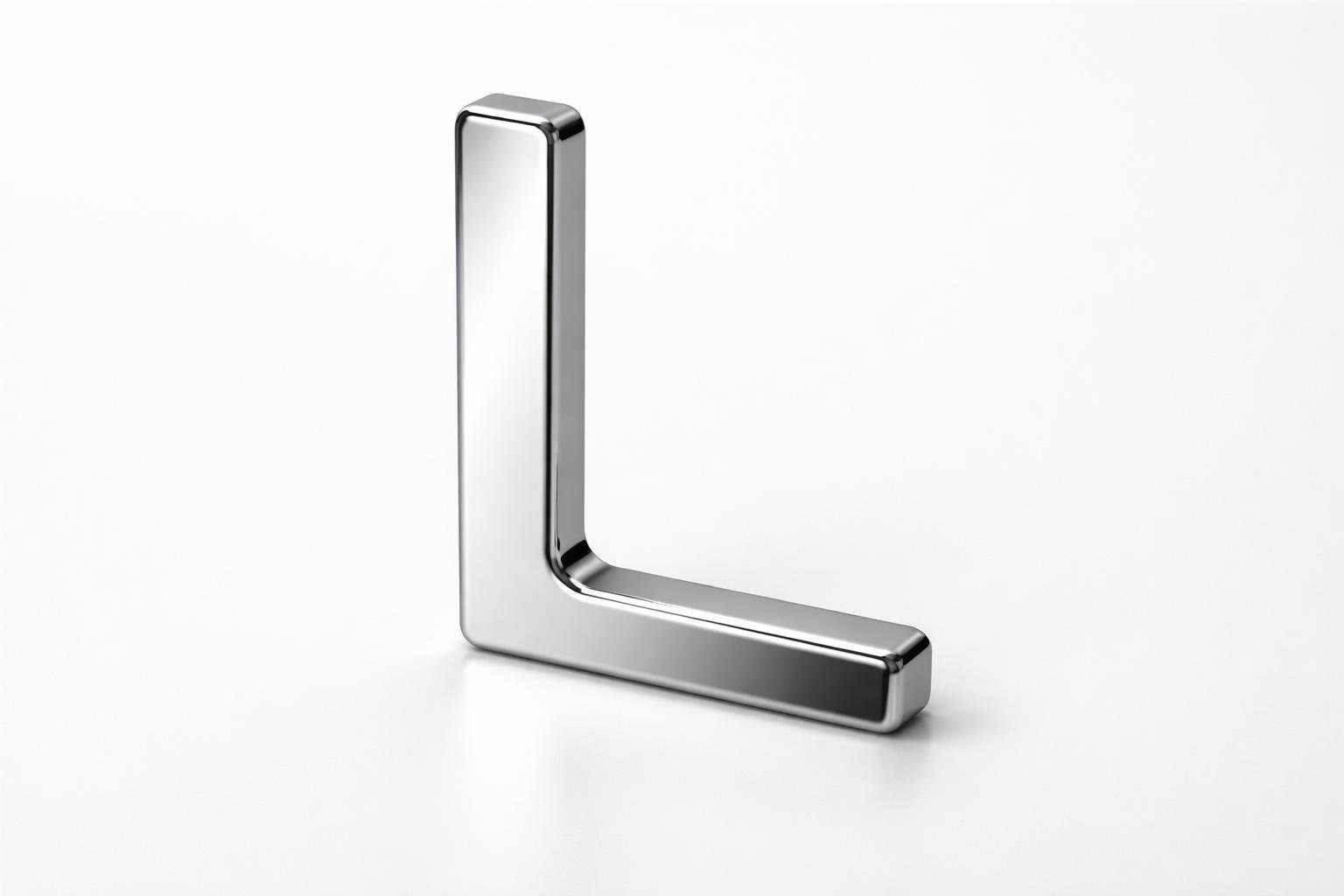 Objeto metálico em forma de L sobre fundo branco.