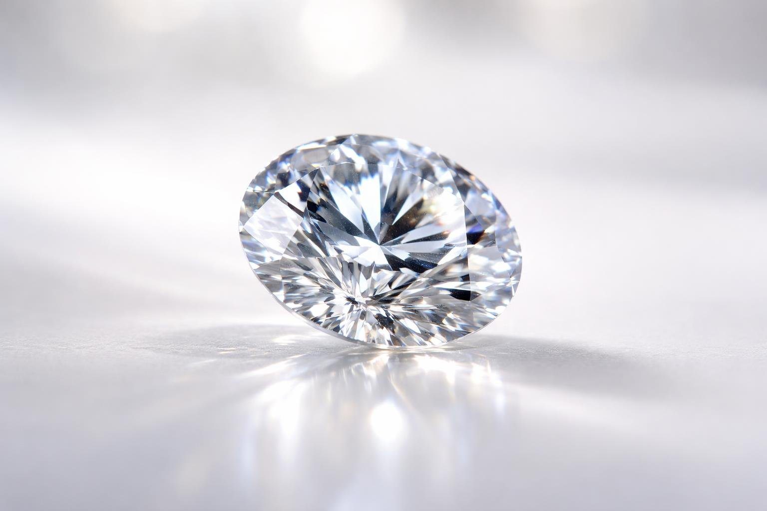 Um diamante brilhante sobre uma superfície lisa com fundo desfocado.
