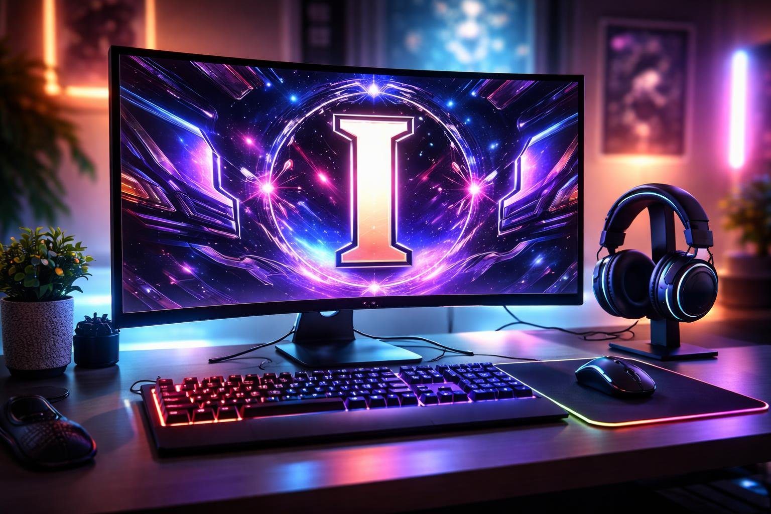 Mesa de jogos moderna com monitor exibindo um jogo colorido com a letra I em destaque, teclado e mouse para jogos, em um ambiente de quarto de jogos iluminado.