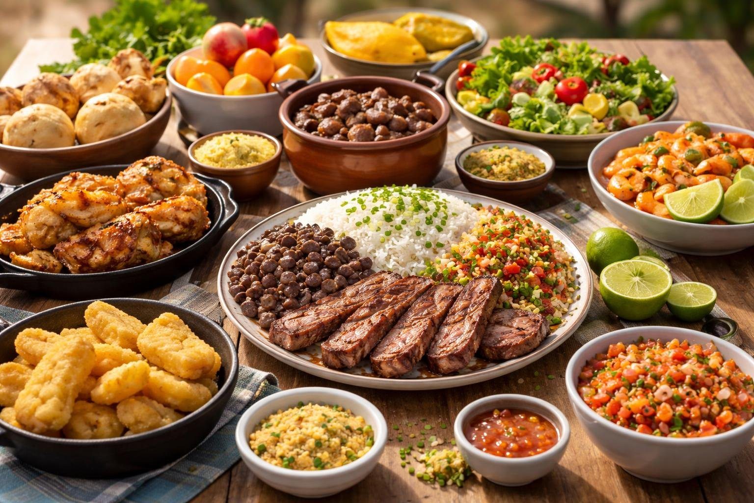 Mesa com pratos variados de comida brasileira fresca e colorida, incluindo arroz, feijão, carnes grelhadas, saladas e frutas tropicais.